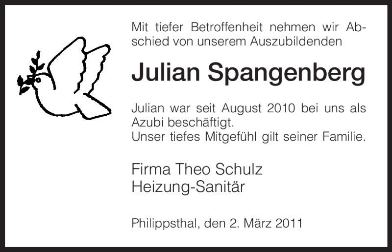  Traueranzeige für Julian Spangenberg vom 02.03.2011 aus HERSFELDER ZEITUNG