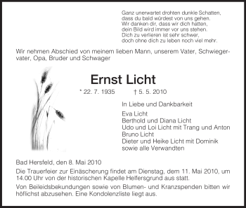 Todesanzeige von Ernst Licht von HERSFELDER ZEITUNG