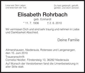 Todesanzeige von Elisabeth Rohrbach von HERSFELDER ZEITUNG