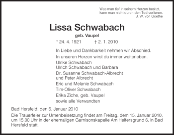Todesanzeige von Lissa Schwabach von HERSFELDER ZEITUNG