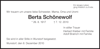 Todesanzeige von Berta Schönewolf von HERSFELDER ZEITUNG