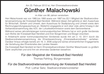 Todesanzeige von Günther Malachowski von HERSFELDER ZEITUNG