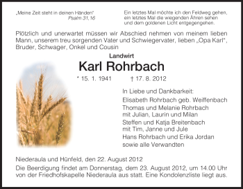 Todesanzeige von Karl Rohrbach von HERSFELDER ZEITUNG