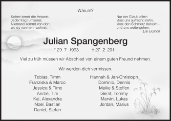 Todesanzeige von Julian Spangenberg von HERSFELDER ZEITUNG