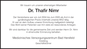 Todesanzeige von Thafir Nimr von HERSFELDER ZEITUNG