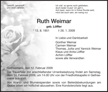 Todesanzeige von Ruth Weimar von HERSFELDER ZEITUNG