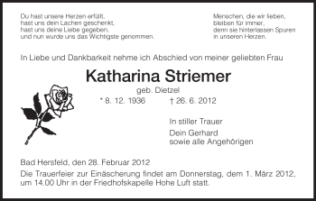 Todesanzeige von Katharina Striemer von HERSFELDER ZEITUNG