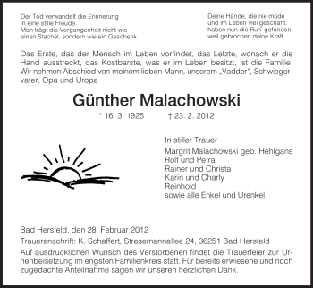 Todesanzeige von Günther Malachowski von HERSFELDER ZEITUNG