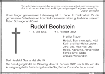 Todesanzeige von Rudolf Bechstein von HERSFELDER ZEITUNG
