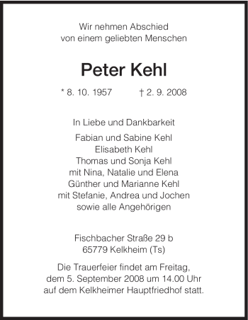 Todesanzeige von Peter Kehl von HERSFELDER ZEITUNG
