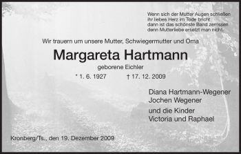 Todesanzeige von Margareta Hartmann von HERSFELDER ZEITUNG