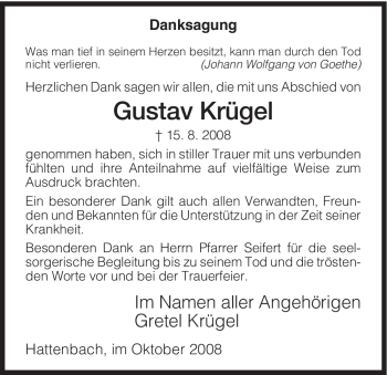 Todesanzeige von Gustav Krügel von HERSFELDER ZEITUNG