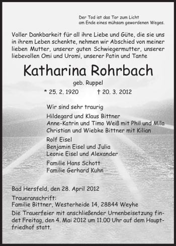 Todesanzeige von Katharina Rohrbach von HERSFELDER ZEITUNG