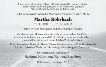 Todesanzeige von Martha Rohrbach von HERSFELDER ZEITUNG