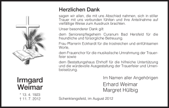 Todesanzeige von Irmgard Weimar von HERSFELDER ZEITUNG