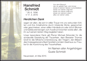 Todesanzeige von Hansfried Schmidt von Hersfeld