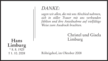 Todesanzeige von Hans Limburg von HERSFELDER ZEITUNG