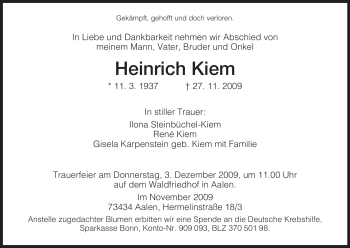 Todesanzeige von Heinrich Kiem von HERSFELDER ZEITUNG