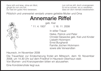 Todesanzeige von Annemarie Riffel von HERSFELDER ZEITUNG