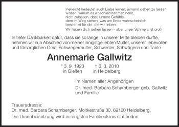 Todesanzeige von Annemarie Gallwitz von HERSFELDER ZEITUNG