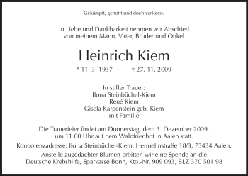 Todesanzeige von Heinrich Kiem von HERSFELDER ZEITUNG