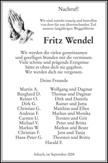 Todesanzeige von Fritz Wendel von HERSFELDER ZEITUNG