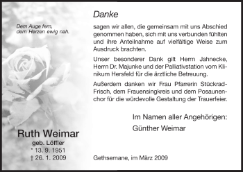 Todesanzeige von Ruth Weimar von HERSFELDER ZEITUNG