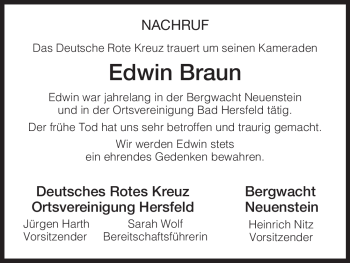 Todesanzeige von Edwin Braun von HERSFELDER ZEITUNG