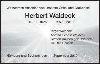 Todesanzeige von Herbert Waldeck von HERSFELDER ZEITUNG