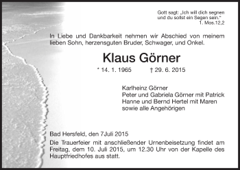 Todesanzeige von Klaus Görner von Hersfeld
