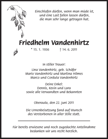 Todesanzeige von Friedhelm Vandenhirtz von HERSFELDER ZEITUNG