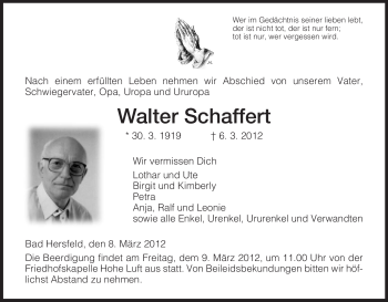 Todesanzeige von Walter Schaffert von HERSFELDER ZEITUNG
