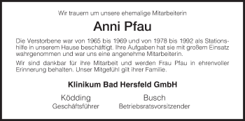 Todesanzeige von Anni Pfau von Hersfeld