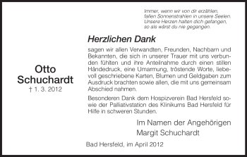 Todesanzeige von Otto Schuchardt von HERSFELDER ZEITUNG