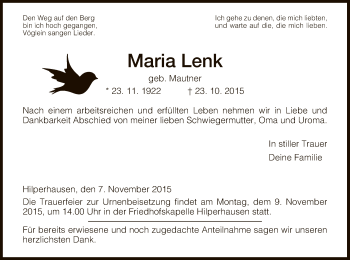 Todesanzeige von Maria Lenk von Hersfeld