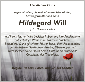 Todesanzeige von Hildegard Will von Hersfeld