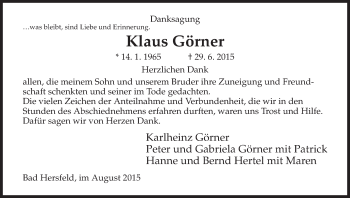 Todesanzeige von Klaus Görner von Hersfeld