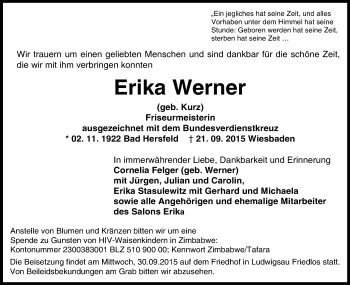 Todesanzeige von Erika Werner von Hersfeld