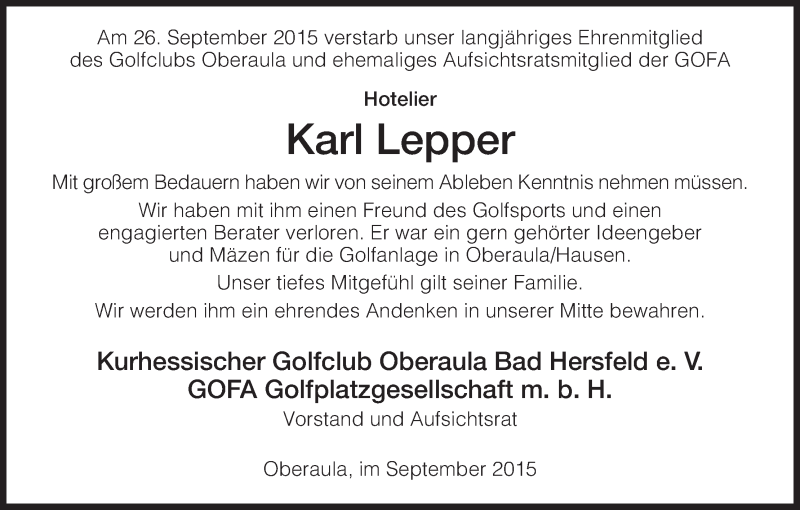  Traueranzeige für Karl Lepper vom 30.09.2015 aus Hersfeld