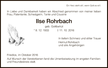 Todesanzeige von Ilse Rohrbach von Hersfeld
