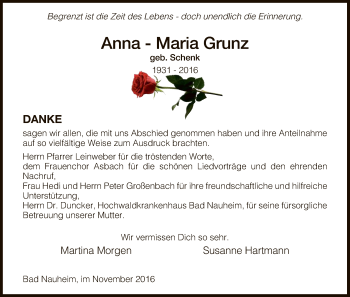 Todesanzeige von Anna-Maria Grunz von Hersfeld