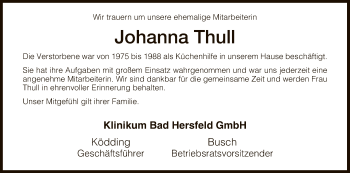 Todesanzeige von Johanna Thull von Hersfeld
