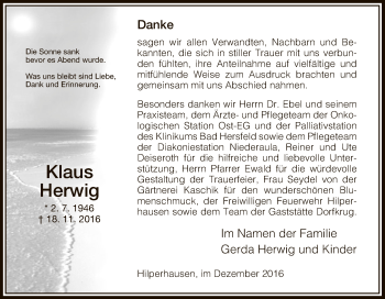 Todesanzeige von Klaus Herwig von Hersfeld