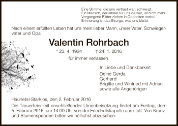 Todesanzeige von Valentin Rohrbach von Hersfeld