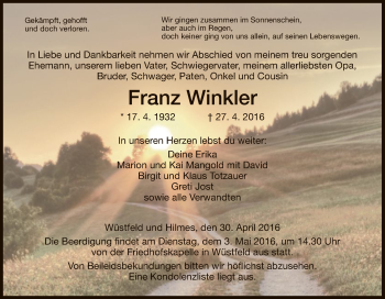 Todesanzeige von Franz Winkler von Hersfeld
