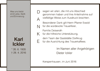 Todesanzeige von Karl Ickler von Hersfeld