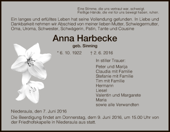 Todesanzeige von Anna Harbecke von Hersfeld