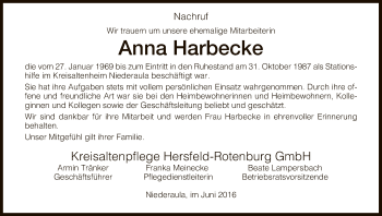 Todesanzeige von Anna Harbecke von Hersfeld