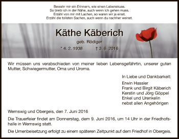 Todesanzeige von Käthe Käberich von Hersfeld