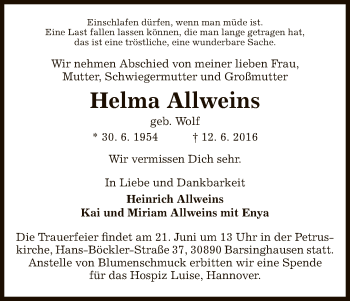 Todesanzeige von Helma Allweins von Hersfeld